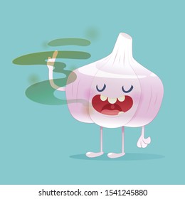 Halitosis concept of cartoon garlic with bad breath on the green background   illustration and vector design