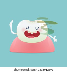 Halitosis concept of cartoon tooth with bad breath on the green background -  Total health and Dental problems - illustration and vector design