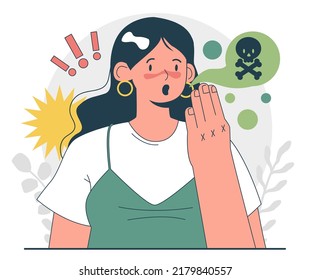 Concepto de halitosis. Respiro agudo crónico, enfermedad bacteriana oral. Carácter femenino con problemas dentales. Ilustración vectorial plana