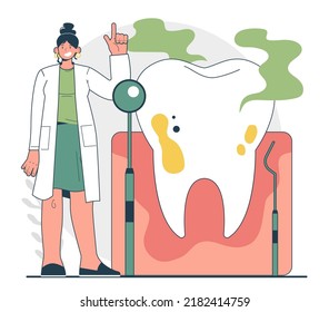 Concepto de halitosis. Respiro agudo crónico, enfermedad bacteriana oral. Una dentista parada al lado de un diente con problemas dentales. Ilustración vectorial plana