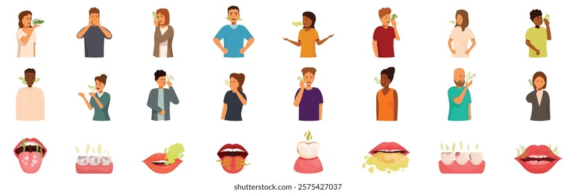 Halitosis icons set. People covering their noses because of halitosis and bad breath, smelling from dirty teeth and tongue problems