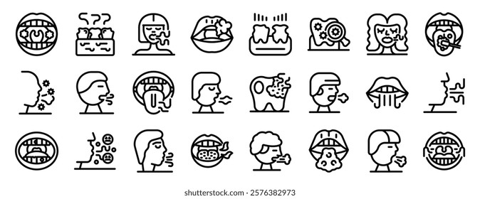 Halitosis icons set. People experiencing halitosis and bad breath, visualizing various causes and symptoms related to oral hygiene