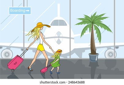 Hall airport. Interior airport. Girl airport. Hall airport illustration vector. Room airport. Interior airport vector. Concept family rest, travel, holiday vacation. Travel plane. Travel illustration