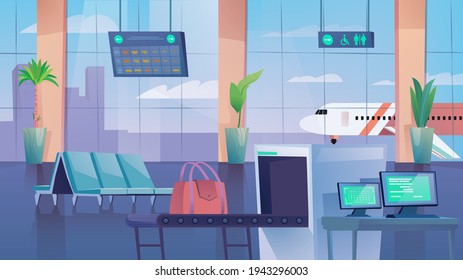 Página de aterrizaje del Salón del Aeropuerto al estilo de dibujos animados planos. Interior de la sala de espera con sillas, puesto de control del escáner de equipaje, paneles informativos. Avión afuera de la ventana. Ilustración vectorial del fondo web