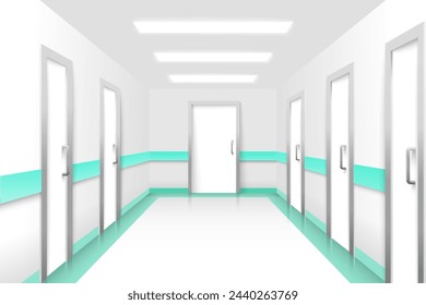 Hall with closed doors vector illustration scene. Hotel, hospital or school empty building corridor interior with entrance to rooms, classrooms, offices