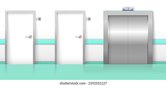 Hall doors with elevator realistic vector design interior. Corridor in hotel, empty hostel hallway illustration. Architecture background