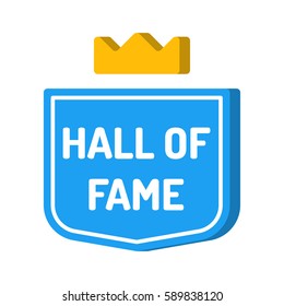 Hall Of Fame. Blue Badge With Crown Icon. Vector With 3d Effect, Illustration On White Background.