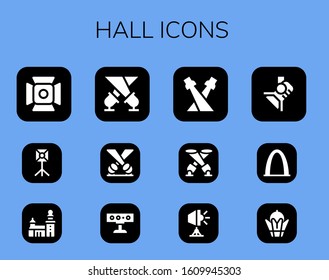 hall icon set. 12 filled hall icons. Included Spotlight, Stockholm, Gateway arch, Bayterek icons