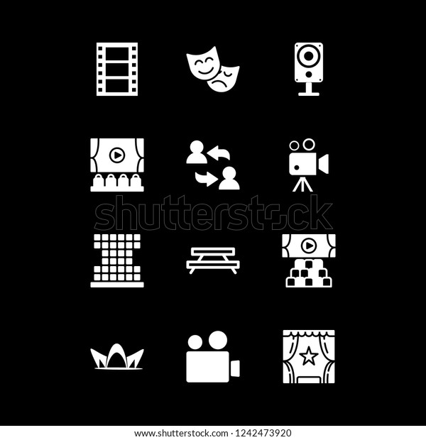 hall icon set about cinema, rest area, theater and
speaking vector set
