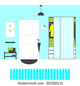 Hall interior. Big closet with mirror doors, drawers, boxes, coat, shelving with shoes, bags,umbrella on handle of paneled door, grey mat, blue stripped carpet, grey lamp, switch box, video intercom