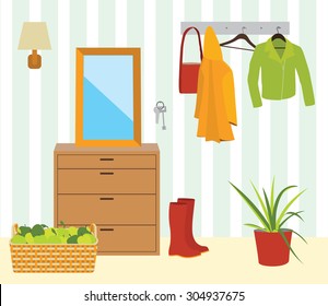Hall interior: chest of drawers; flower in a pot; keys; rubber boots; wicker basket; raincoat; hood; sconces; apples;  bag; jacket; hanger; mirror. Editable Vector illustration
