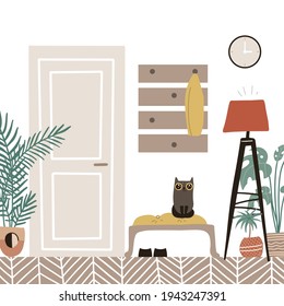 Hall interior - cozy scandinavian furniture with closed door. Hallway with potted plants and cat. Flat cartoon style vector illustration.