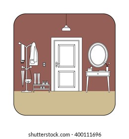 Hall interior with entrance door. Vector illustration of hallway.