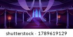 Hall interior with ghost in medieval royal castle at night. Vector cartoon illustration of empty hallway in baroque palace with stairs, balustrade, glowing candles and mystical fog