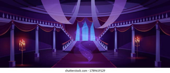Hall interior with ghost in medieval royal castle at night. Vector cartoon illustration of empty hallway in baroque palace with stairs, balustrade, glowing candles and mystical fog