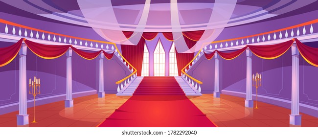 Hall interior with staircase in medieval royal castle. Vector cartoon illustration of empty hallway in baroque palace with stairs, balustrade, columns, tall windows, red curtains and carpet