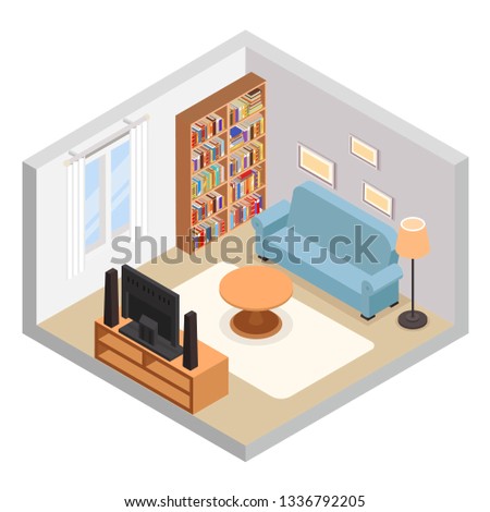 Hall isometric tv couch sofa bookshelf furniture modern room cutaway flat design isolated concept vector illustration