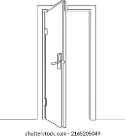 Hall with open front door. Entrance to a room or office. Continuous line drawing.