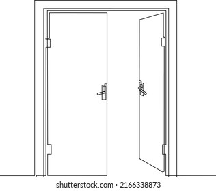 Hall with open front double door. Entrance to a room or office. Continuous line drawing, vector illustration.