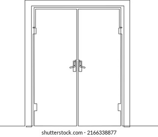 Hall With Open Front Double Door. Entrance To A Room Or Office. Continuous Line Drawing, Vector Illustration.