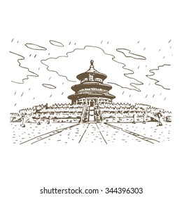 The Hall of Prayer for Good Harvests in Beijing, China. Vector freehand pencil sketch.