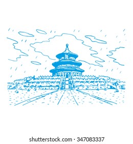 The Hall of Prayer for Good Harvests in Beijing, China. Vector freehand pencil sketch.