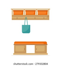 Hall room interior design. Isolated hall icon. Hall elements on white background. Hallway room furniture. Home hall indoor. Modern hallway interior. Flat style vector illustration. 