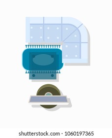 Hall room interior design with large soft couch, coffee table on carpet and TV in front of it. Vector illustration of living room on white background