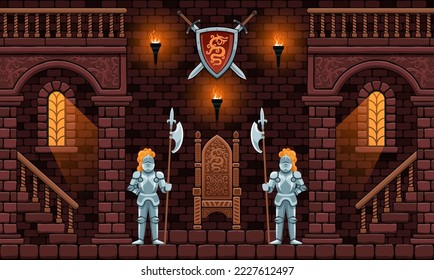 Hall with a throne in a medieval castle. Medieval knights guards at the throne in the castle. Vector illustration.