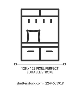 Hall tree pixel perfect linear icon. Cabinet storage with coat hooks and bench. Contemporary home furniture store. Thin line illustration. Contour symbol. Vector outline drawing. Editable stroke