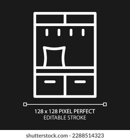 Hall tree pixel perfect white linear icon for dark theme. Cabinet storage with coat hooks and bench. Home furniture store. Thin line illustration. Isolated symbol for night mode. Editable stroke
