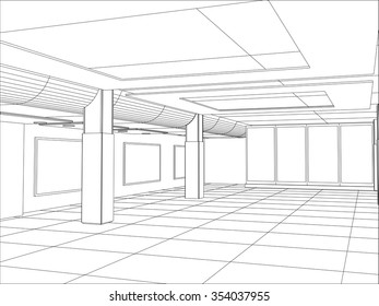 Hall. Vector illustration of an outline sketch interior.