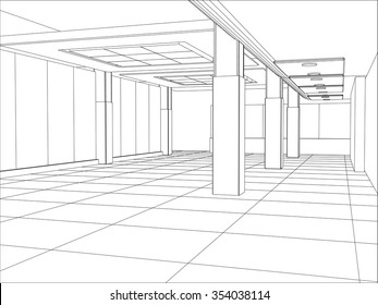 Hall. Vector illustration of an outline sketch interior.