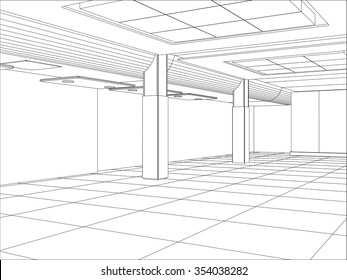 Hall. Vector illustration of an outline sketch interior.