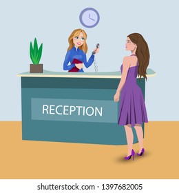 Hall with women. office or hotel reception.Vector cartoon background