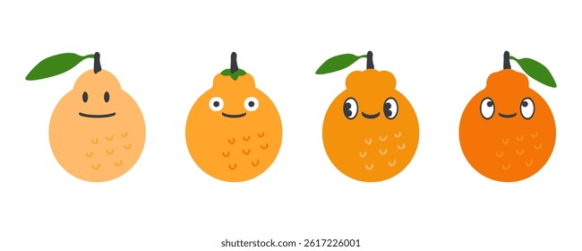 Hallabong korean citrus tangerine fruit characters vector set. Perfect for stickers, poster, label, sale, card. Hand drawn illustration isolated on a white background.

