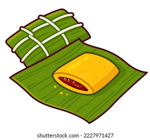 Hallaca, traditional Venezuelan corn tamal, stuffed with beef and wrapped in leaves. Cartoon drawing, isolated vector clip art illustration.