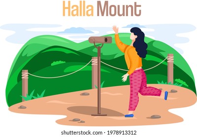 Hallasan mountain famous landmark of Jeju Island in south Korea. Extinct volcano in national park. Mountain is located in center of island and girl tourist traveler looking through binoculars