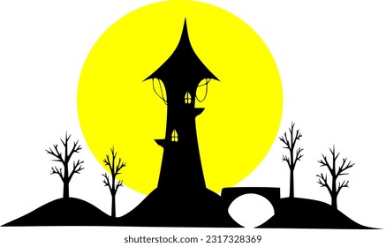 hallloweeen landscape castle fulll moon vector witch house tower silhouette
