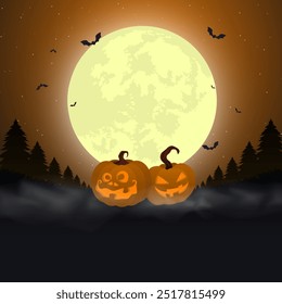 Hallloween Background With 2 Pumpkin Under Full Moon