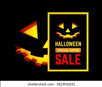 Hallloween sale vector illustration with pumpkin face on black background