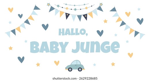 Bandeira de junge de bebê com carro bonito, corações e bandeiras em tons de azul suave