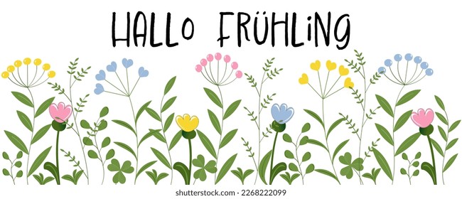 Hallo Frühling - Deutscher Text - Hallo Frühling. Blumenvektorgrafik mit Blumen in Pastellfarben.