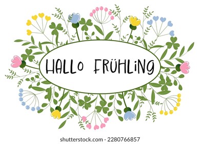 Hallo Frühling - Deutscher Text - Hallo Frühling. Grußkarte mit Blumen in Pastellfarben.