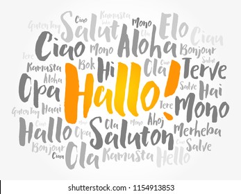 Hallo (Hello Greeting in German) word cloud in different languages of the world, background concept