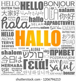 Hallo (Hello Greeting in German) word cloud in different languages of the world, background concept