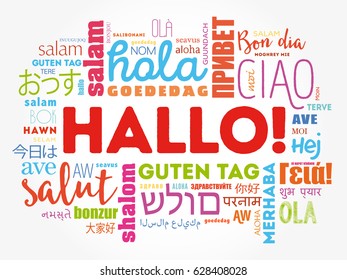 Hallo! (Hello Greeting in German) word cloud in different languages of the world, background concept