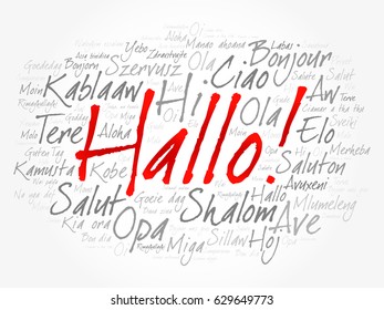 Hallo (Hello Greeting in German) word cloud in different languages of the world, background concept