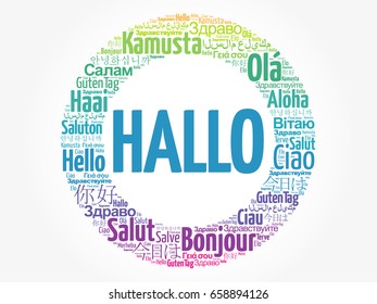 Hallo (Hello Greeting in German) word cloud in different languages of the world, background concept