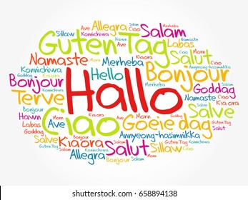Hallo (Hello Greeting in German) word cloud in different languages of the world, background concept